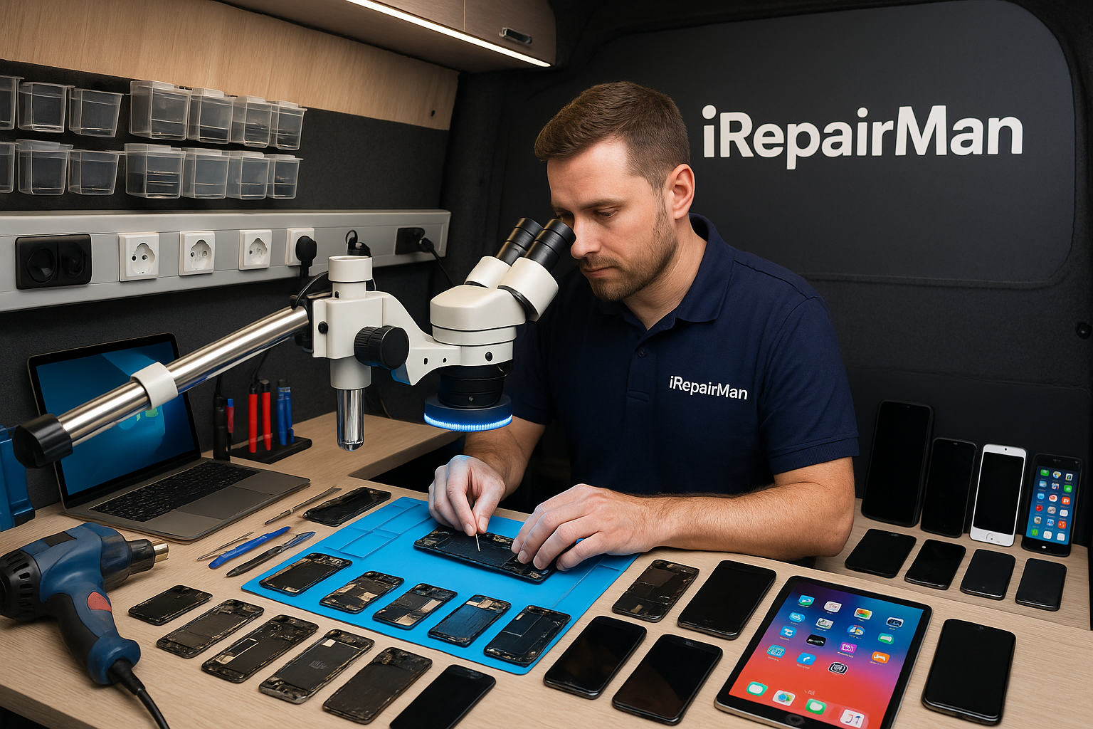iRepairMan technician repairing iPhone with microscope inside mobile van in Hampstead