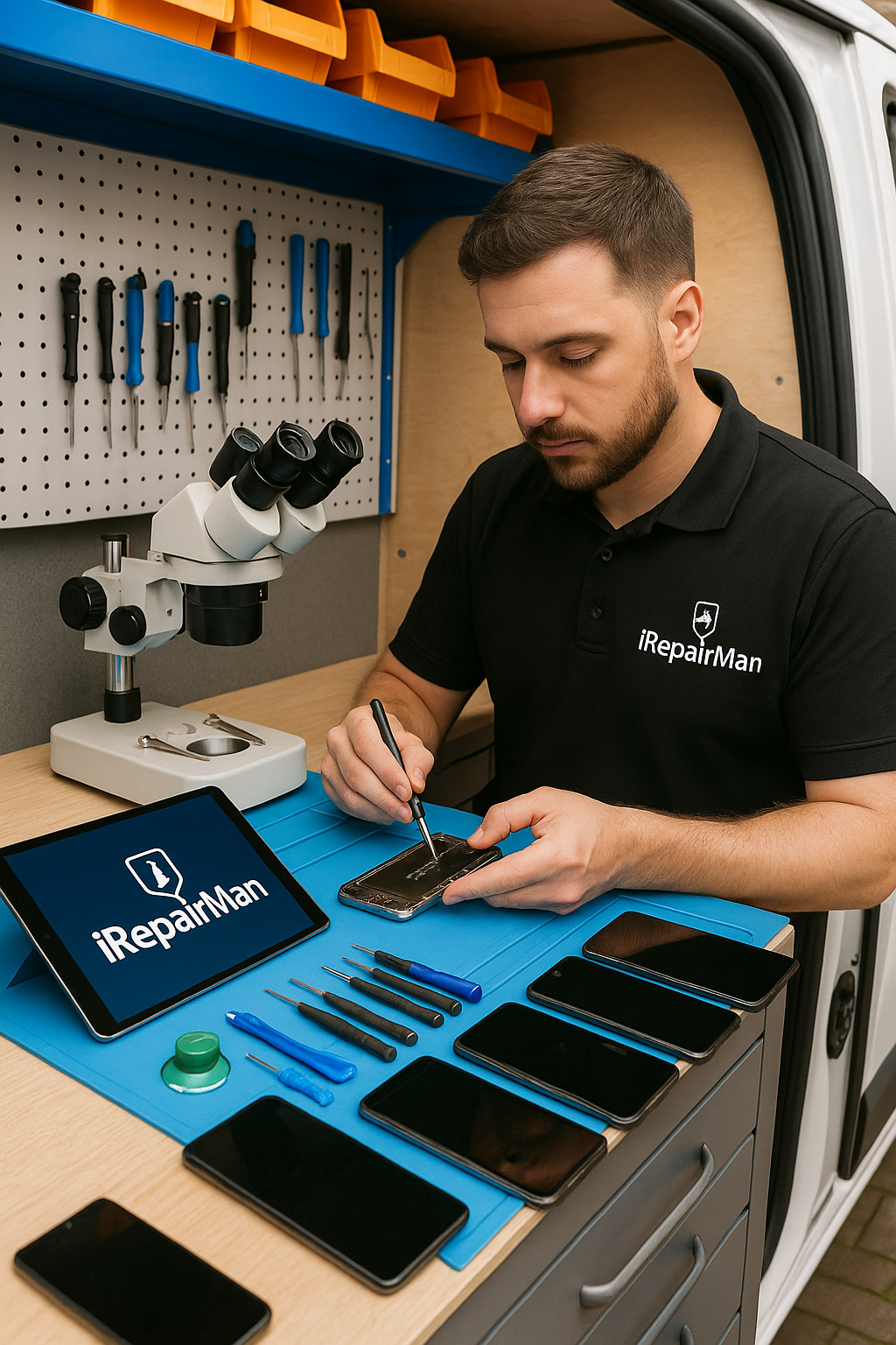 iRepairMan technician repairing iPhone in a mobile van workshop — microscope, tools and multiple devices