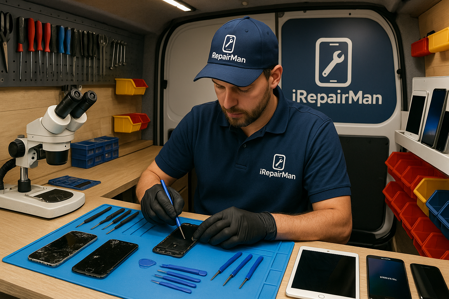 iRepairMan repair station inside mobile van Victoria Street London SW1H, SW1E
