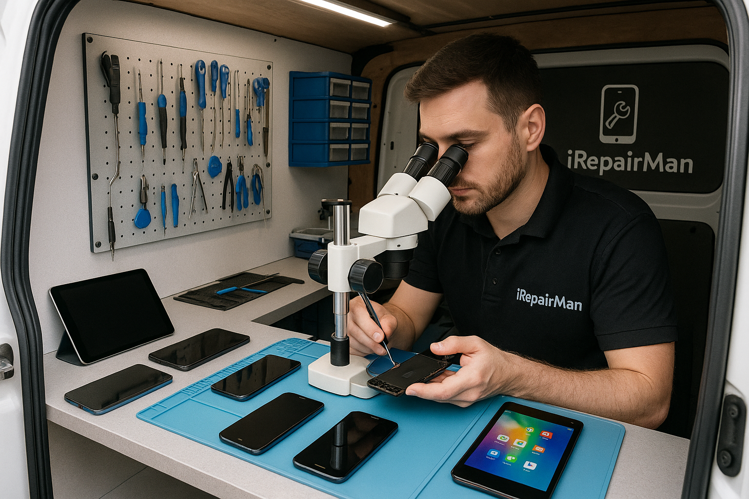 iRepairMan mobile workshop technician repairing iPhone inside van in Richmond TW9