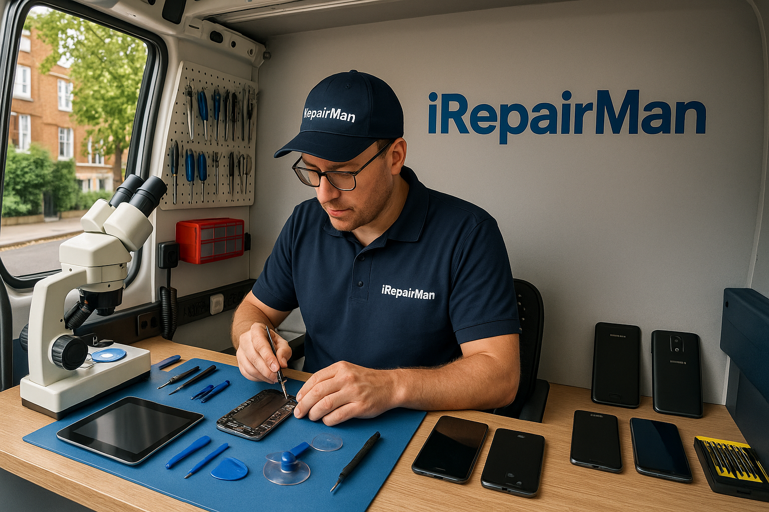 iRepairMan technician repairing iPhone inside branded van workshop Kensington W8 W14