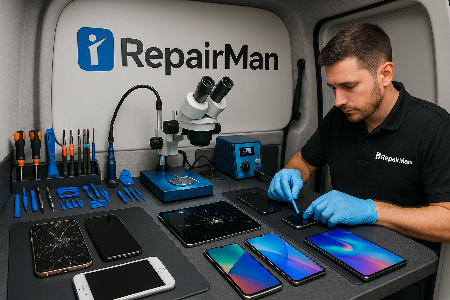 iRepairMan technician repairing an iPhone inside a mobile workstation van in Kenton