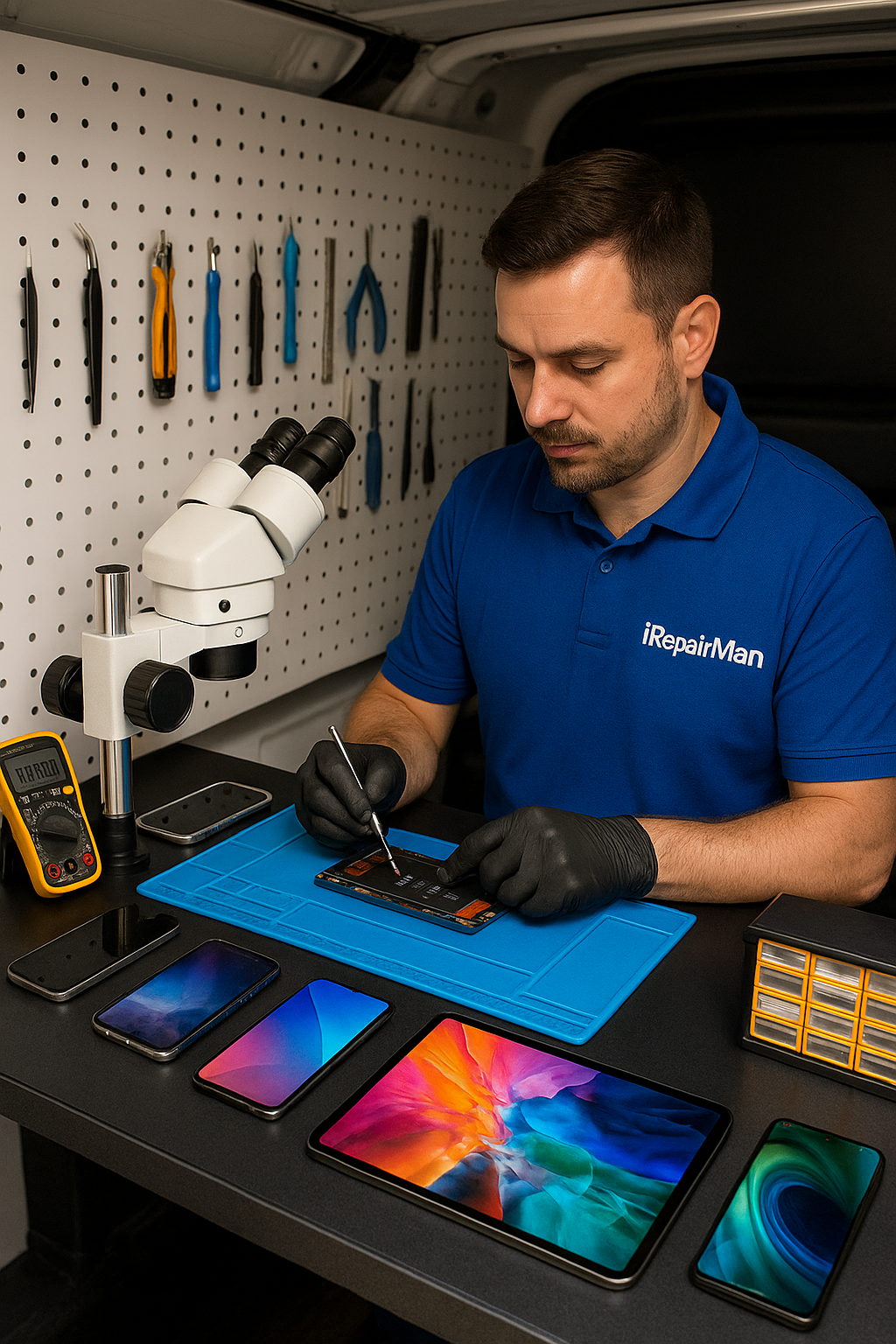Technician repairing iPhone inside van at Elstree