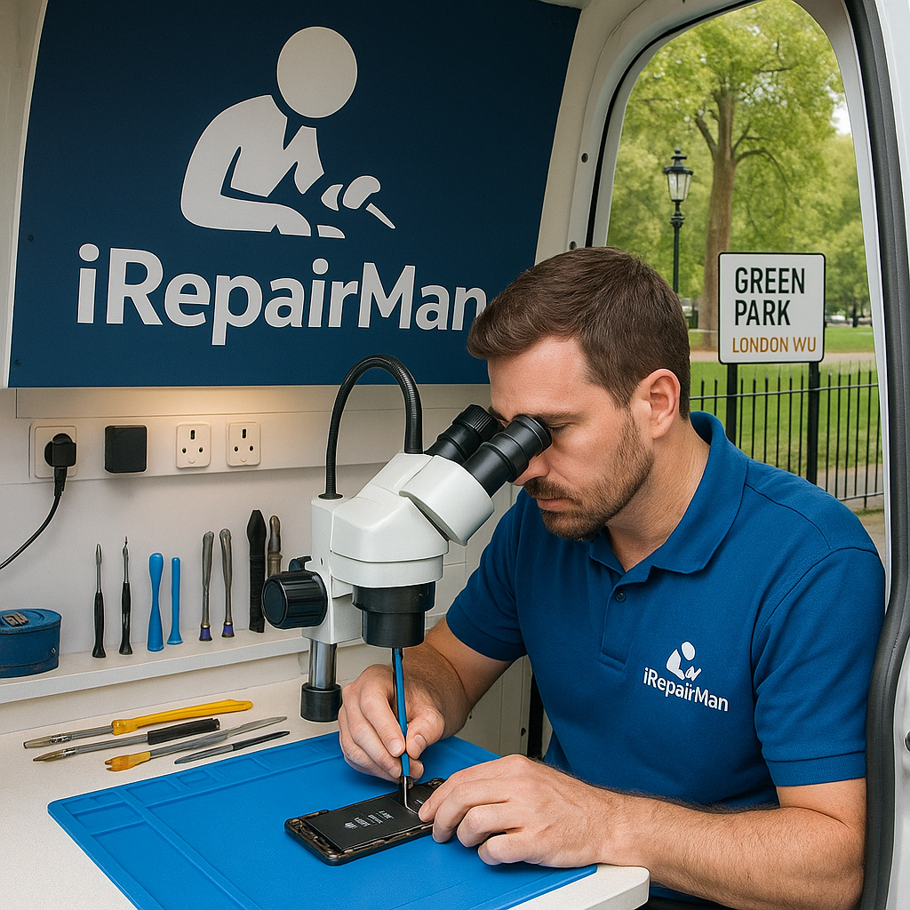iRepairMan technician repairing an iPhone inside the mobile workstation van near Green Park London W1J