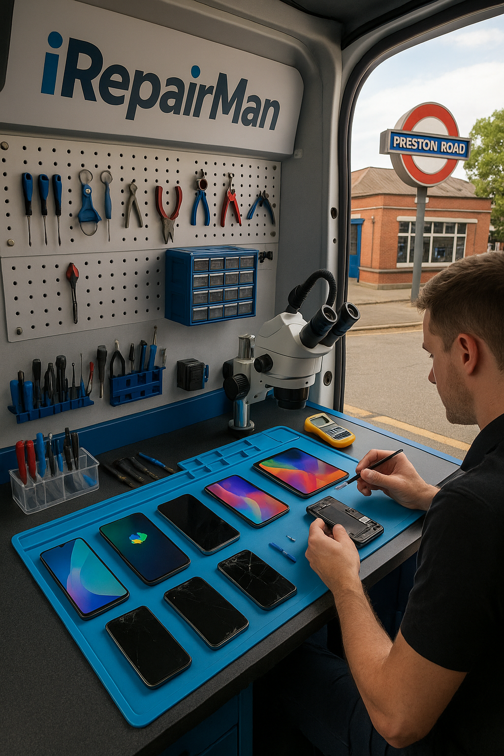 iRepairMan mobile repair workstation in a van near Preston Road Station HA3, with tools, microscope and multiple phones and tablets