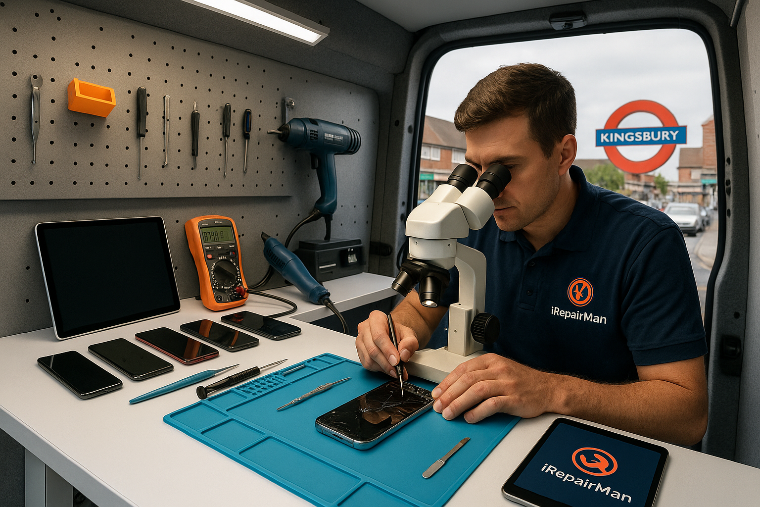 iRepairMan technician repairing an iPhone under a microscope inside a mobile workshop van in Kingsbury NW9