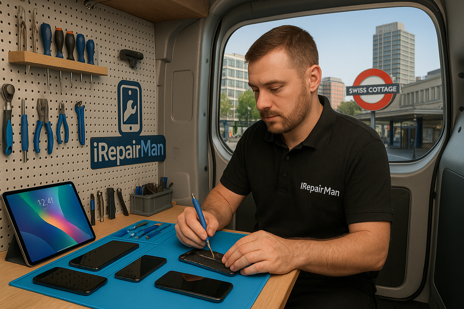 iRepairMan technician repairing iPhone inside mobile workstation van near Swiss Cottage Station