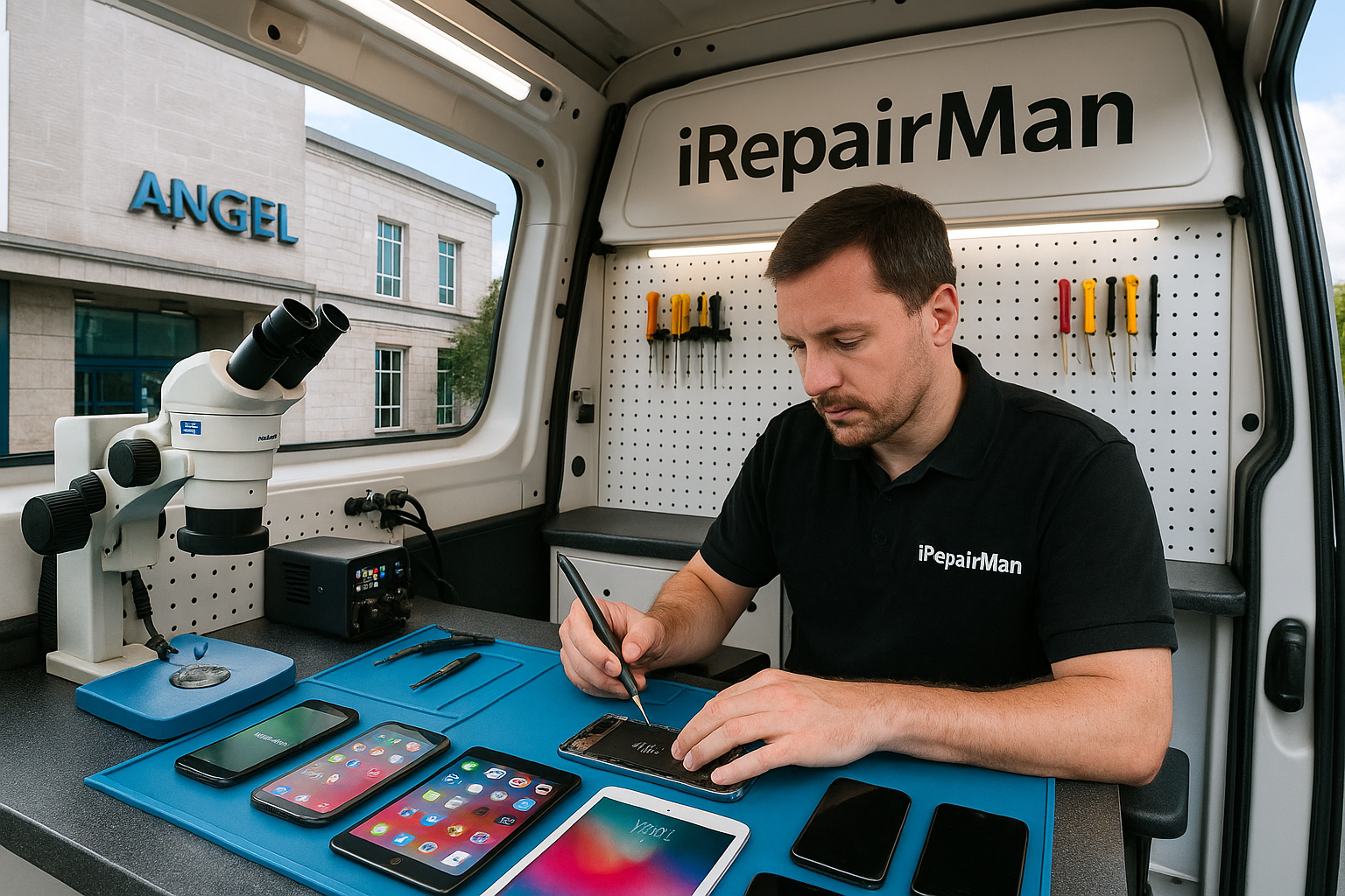 iRepairMan technician repairing an iPhone inside mobile workstation van in Angel London N1 EC1