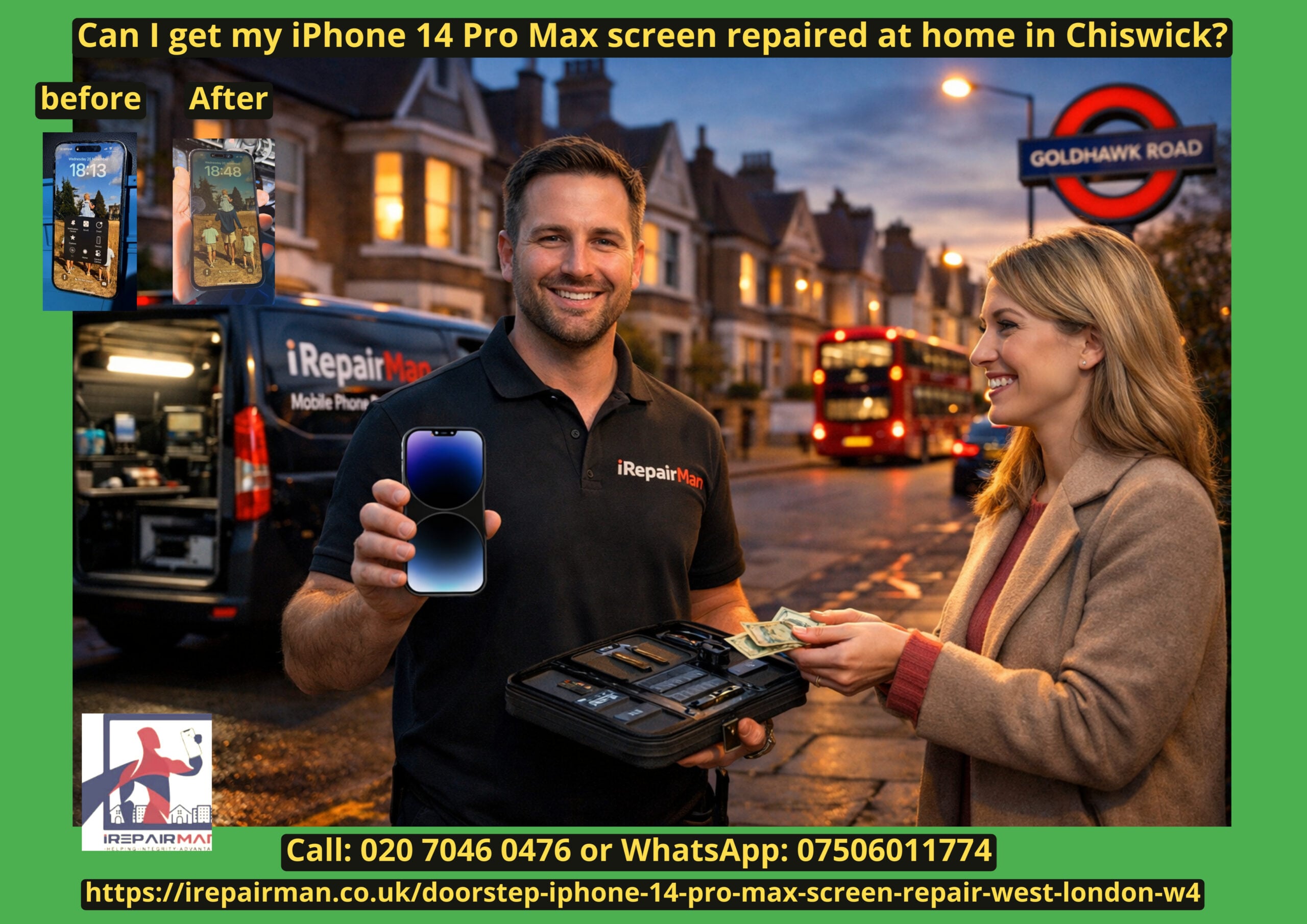 Doorstep iPhone 14 Pro Max screen repair in West London W4 by iRepairMan mobile technician