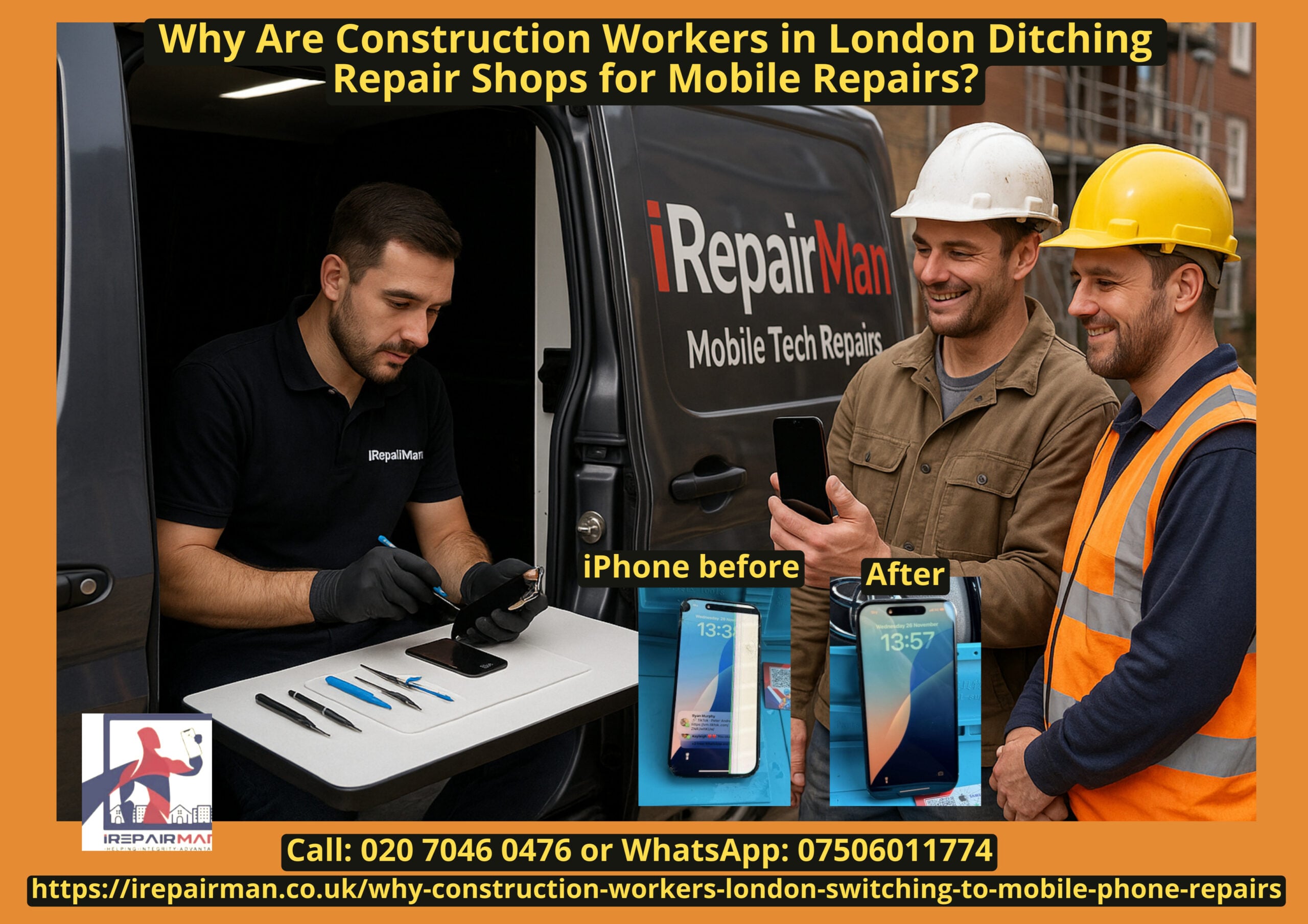 On-site iPhone 15 screen repair by iRepairMan at a construction site in Lower Clapton Hackney London