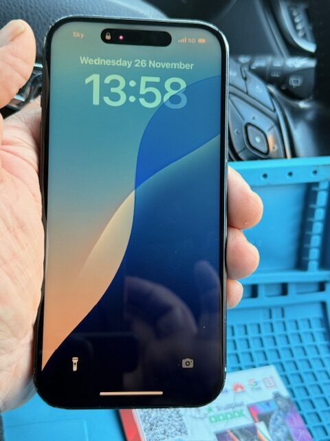 iPhone 15 screen after repair fully restored following mobile phone repair in Hackney London