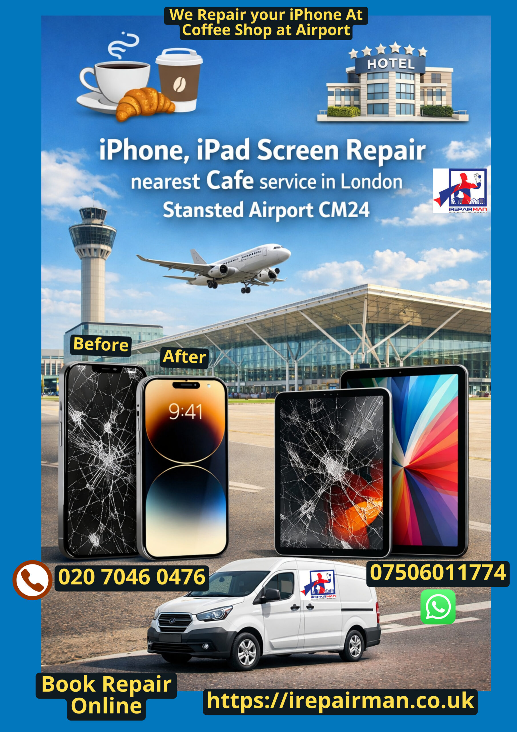 iPhone and iPad screen repair near café service at London Stansted Airport CM24 with before and after screen replacement