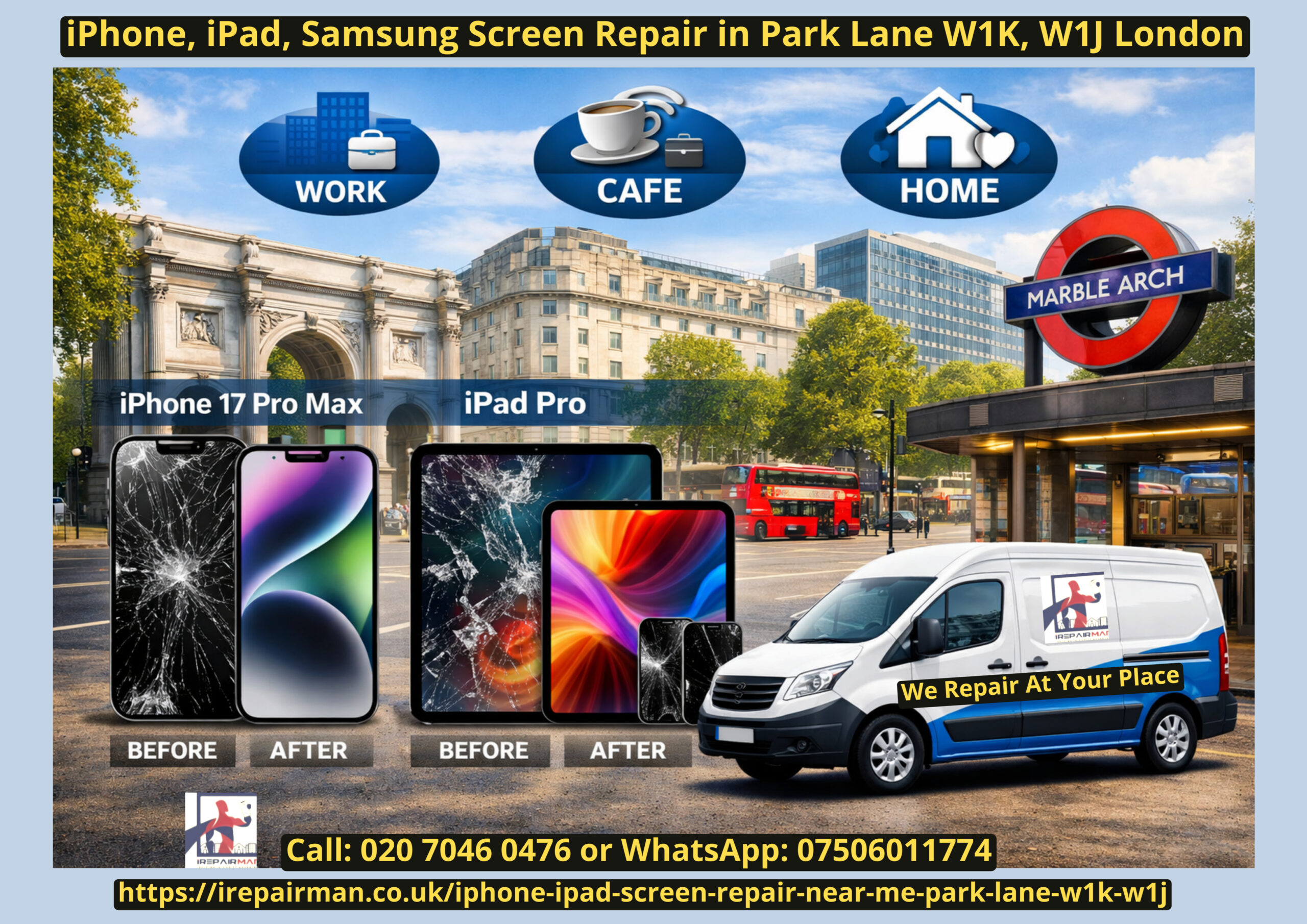 iPhone and iPad screen repair near me in Park Lane London W1K W1J with mobile van service