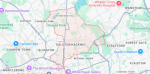 Map of the London Borough of Hackney highlighting key areas including Dalston, Stoke Newington, Clapton, Victoria Park and Mare Street.
