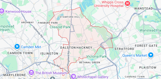 Map of the London Borough of Hackney highlighting Dalston, Hackney Central, Stoke Newington, Clapton and Victoria Park.