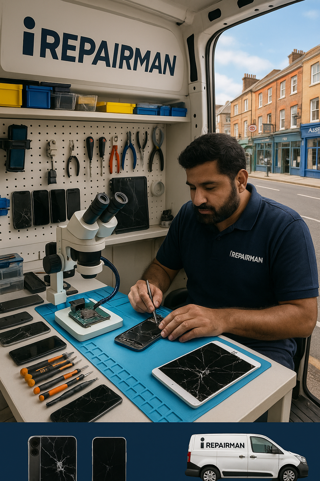 iRepairMan mobile workshop van interior with Pakistani technician repairing an iPhone using tools, microscope and multiple devices in New King's Road SW6