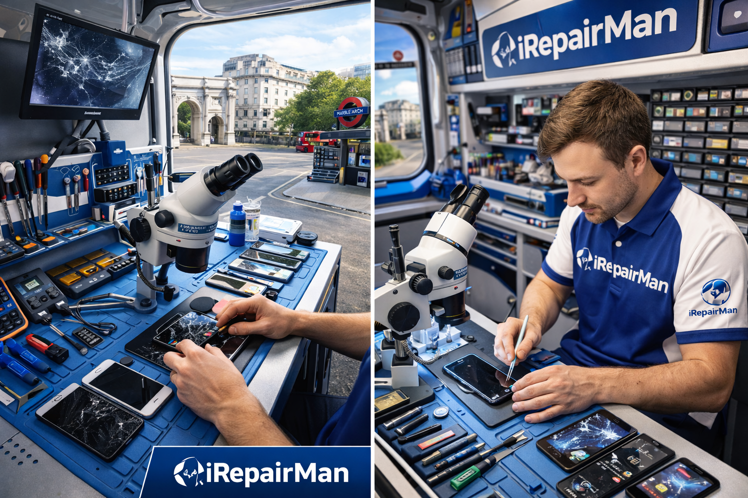 Mobile phone repair technician fixing iPhone inside iRepairMan van in Park Lane London W1K W1J
