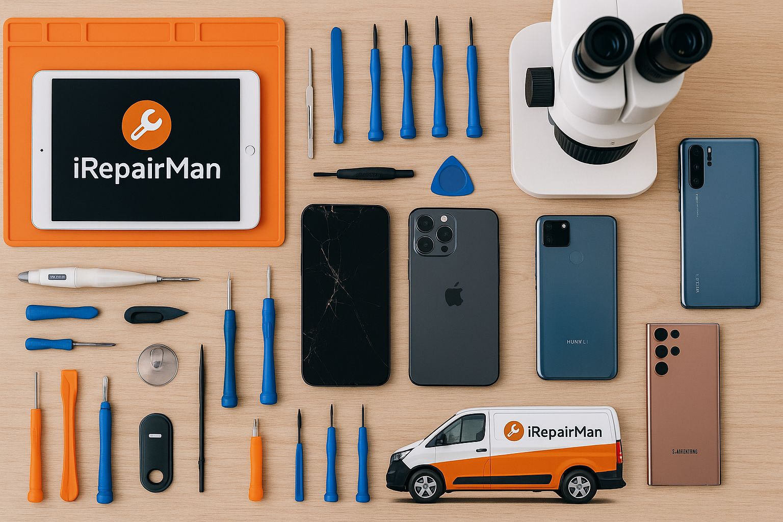 iRepairMan technical workstation with microscope, repair tools, smartphones, tablets and a branded mobile service van illustration.