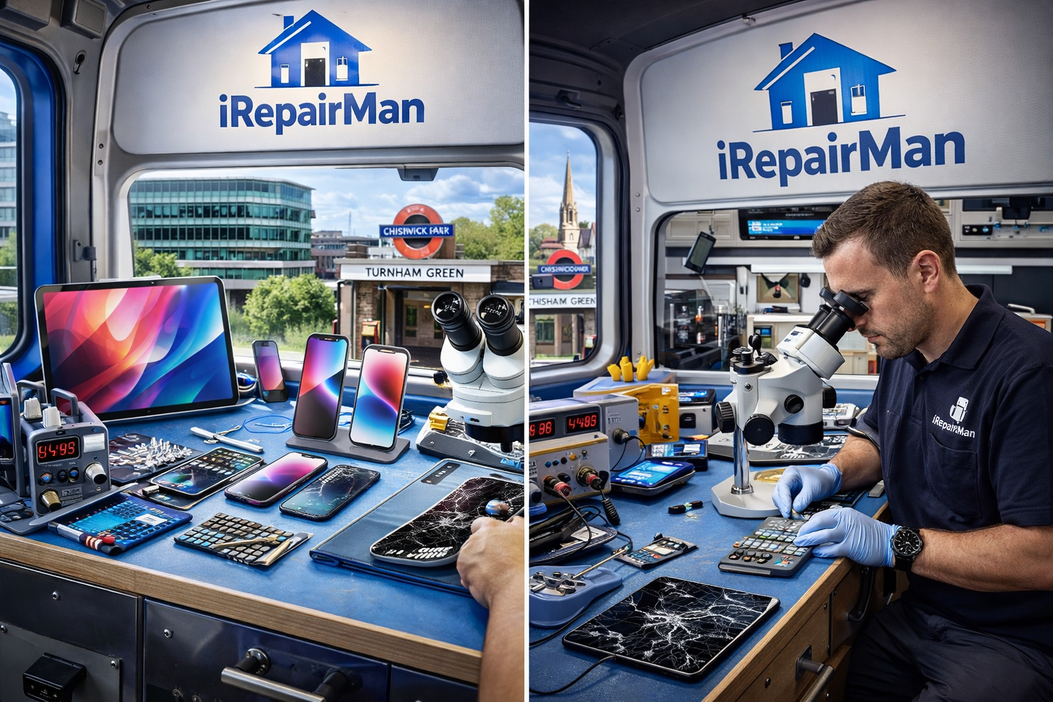 iRepairMan mobile phone repair van workstation with technician fixing iPhone near Chiswick Park Turnham Green Stamford Brook W4 W6