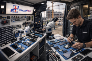 iRepairMan mobile phone repair workstation inside service van covering construction sites across London and Greater London