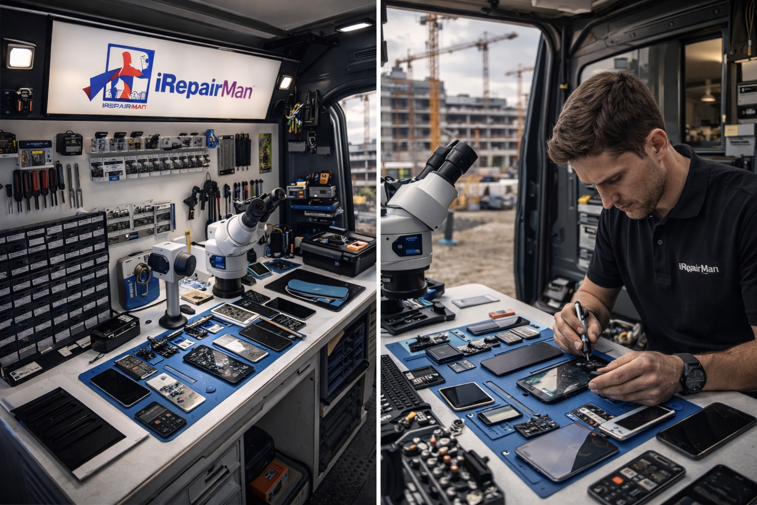 iRepairMan mobile phone repair workstation inside van at construction site