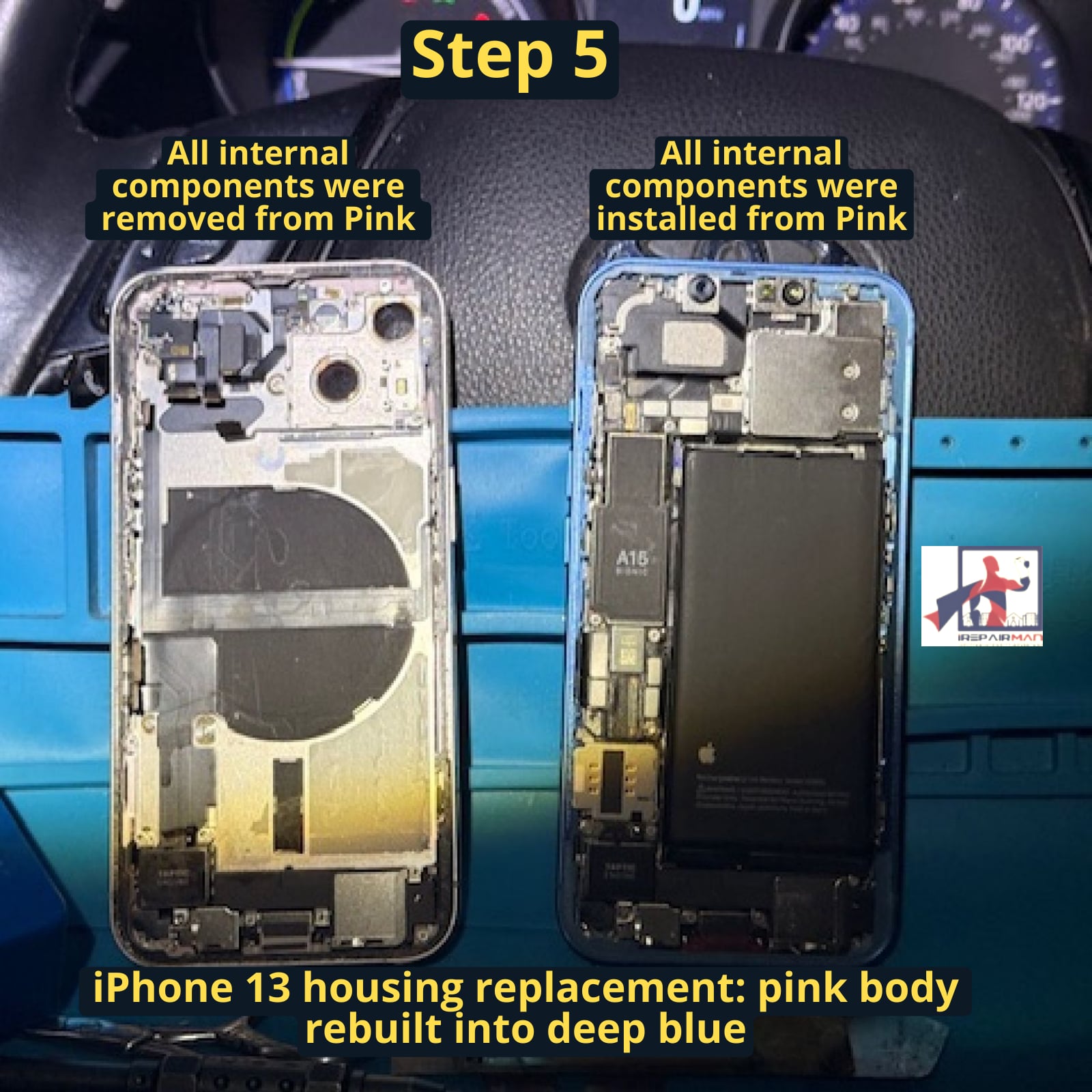 Internal components installed into deep blue iPhone 13 housing