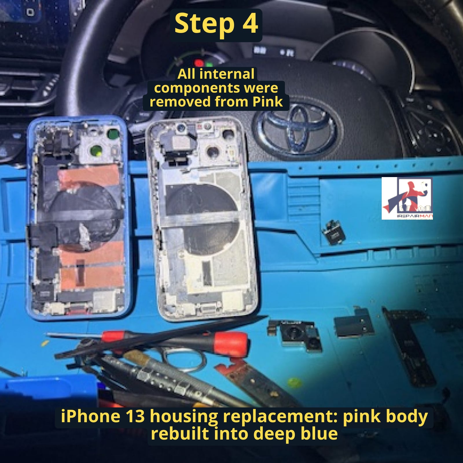 Internal components removed from pink iPhone 13 during housing replacement