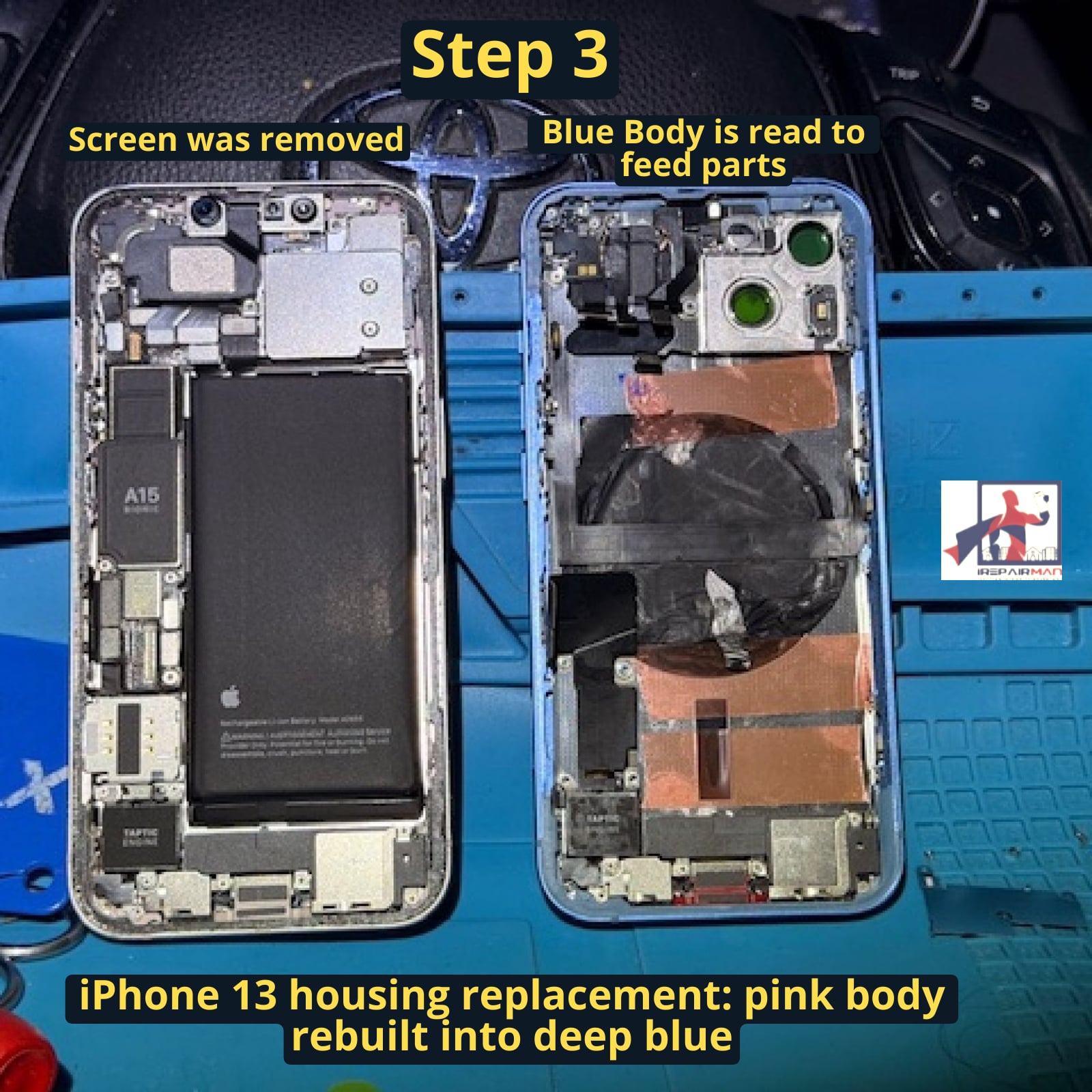 iPhone 13 screen removed and internal components prepared for blue housing