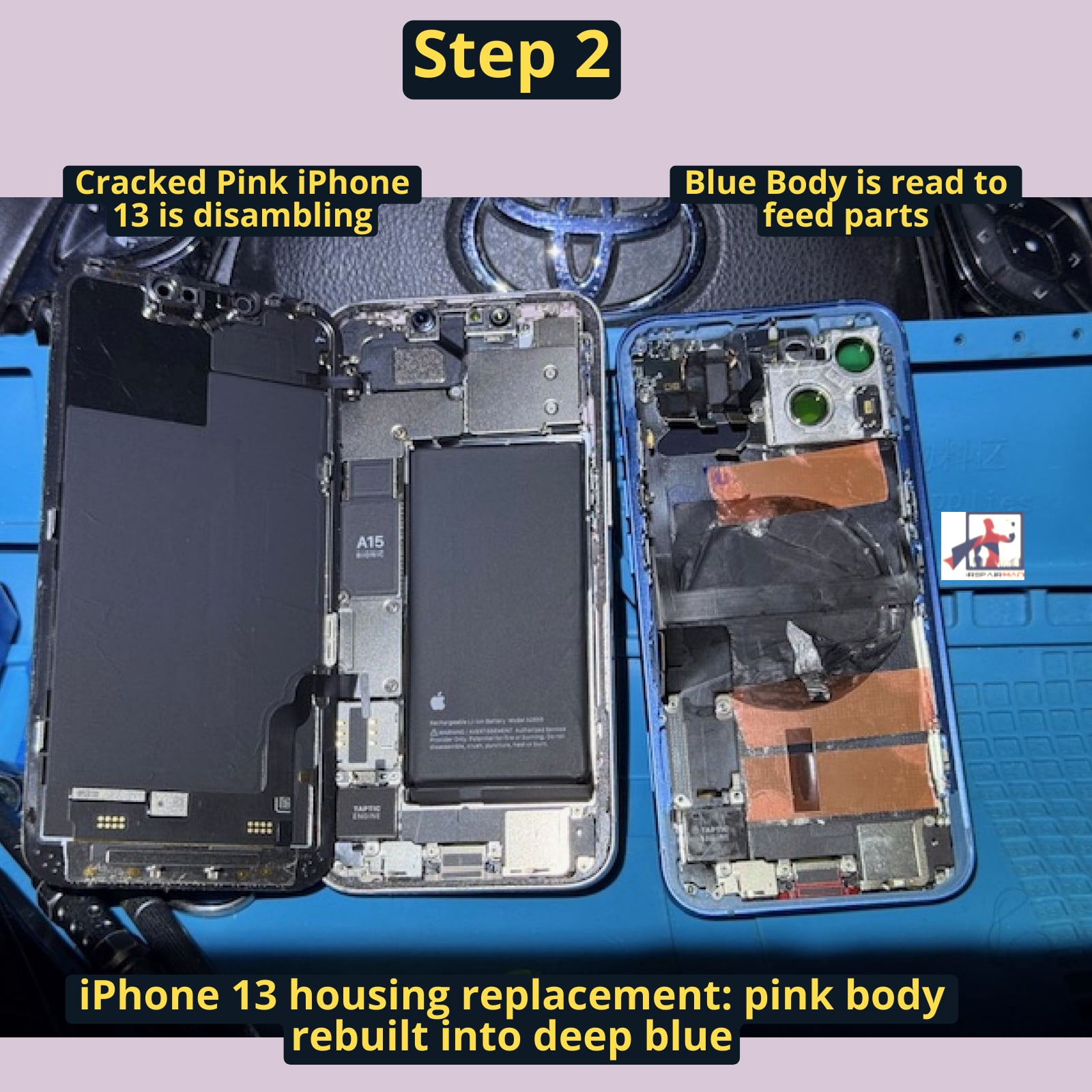 Cracked pink iPhone 13 opened for housing replacement with new blue body prepared