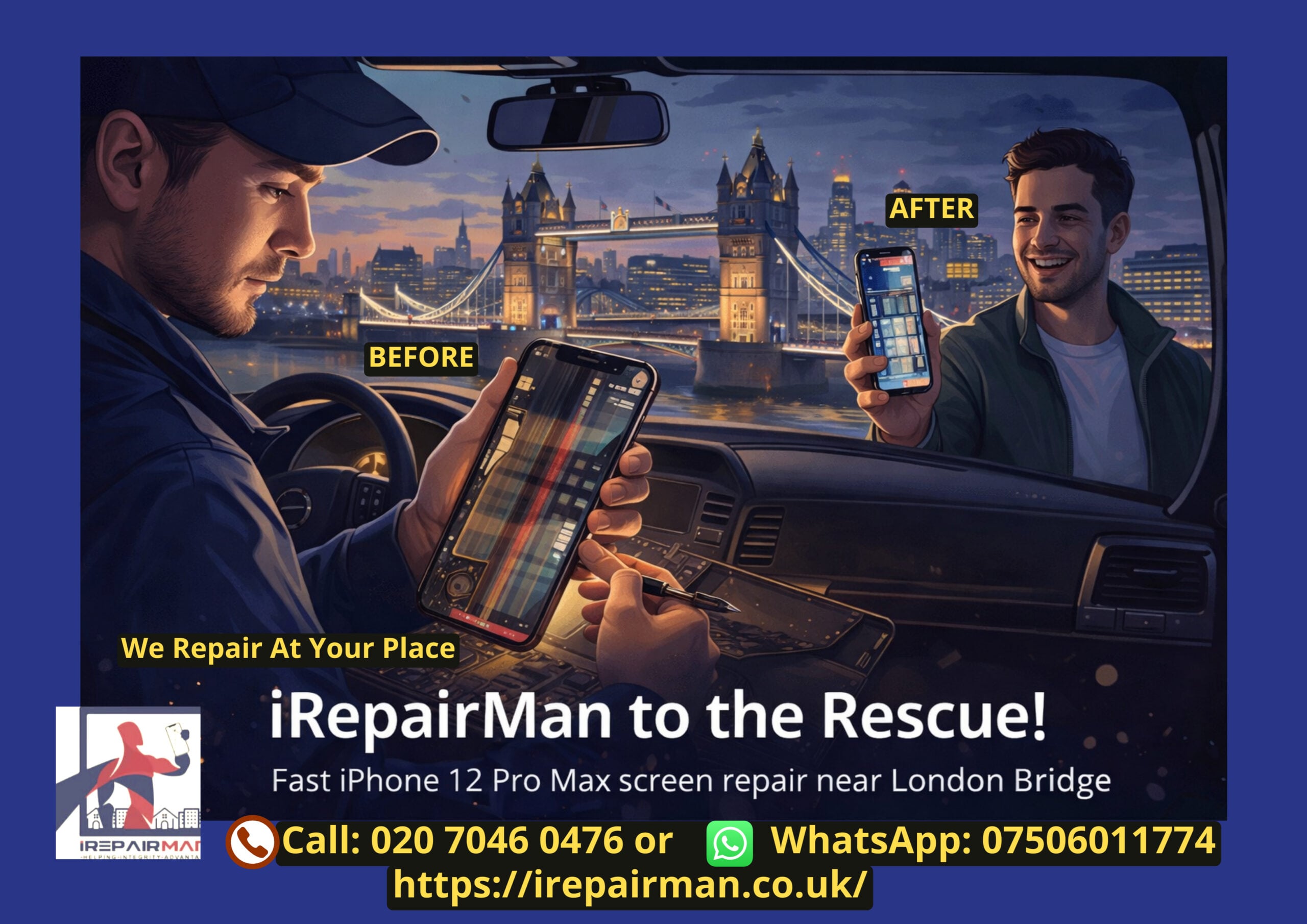 Mobile iPhone 12 Pro Max screen repair near London Bridge at night by iRepairMan