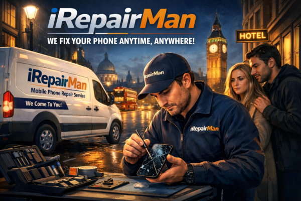 Emergency night-time Samsung Galaxy screen repair by iRepairMan technician outside a hotel on City Road, London