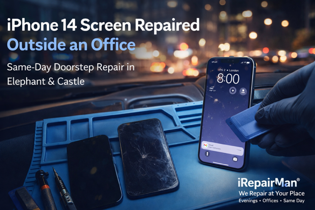 iPhone 14 screen repaired outside an office in Elephant and Castle SE17 during an evening doorstep repair service.