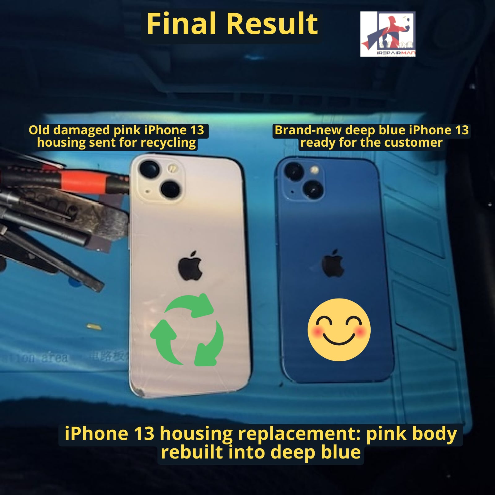Final result of iPhone 13 housing replacement: pink body rebuilt into deep blue