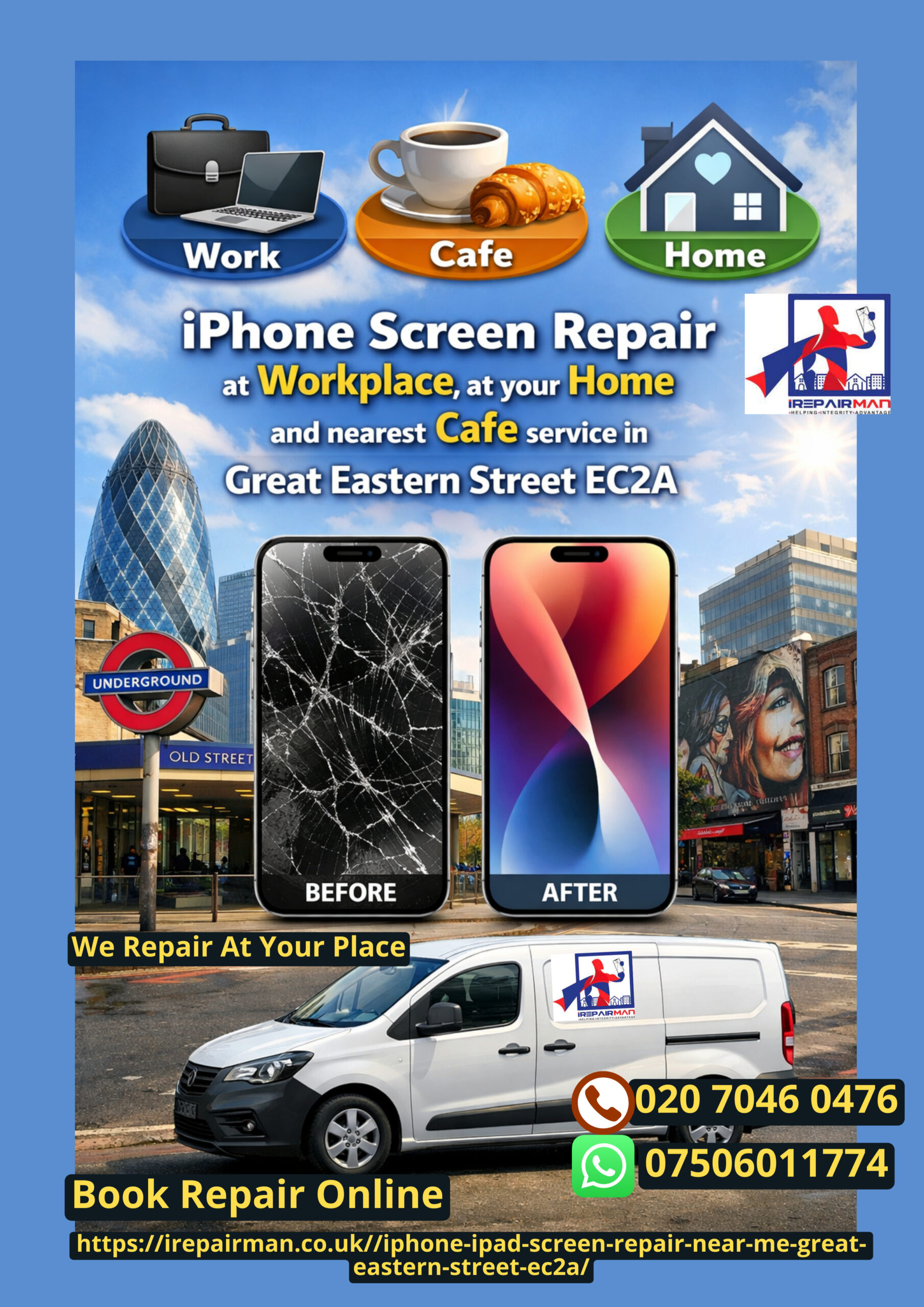 iPhone and iPad screen repair near Great Eastern Street EC2A with workplace, home and cafe service