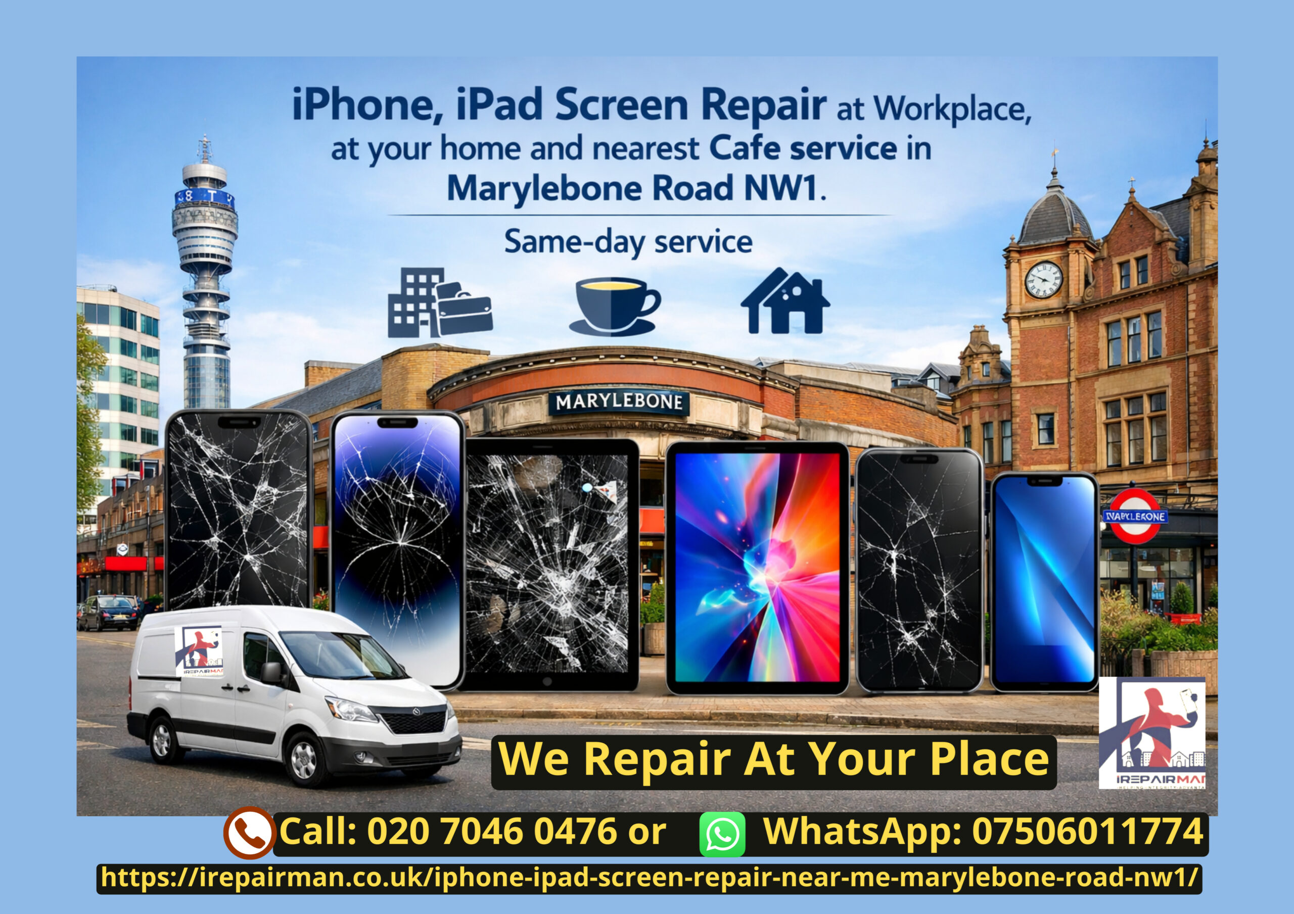 Same-day iPhone and iPad screen repair at home, workplace and cafés in Marylebone Road NW1
