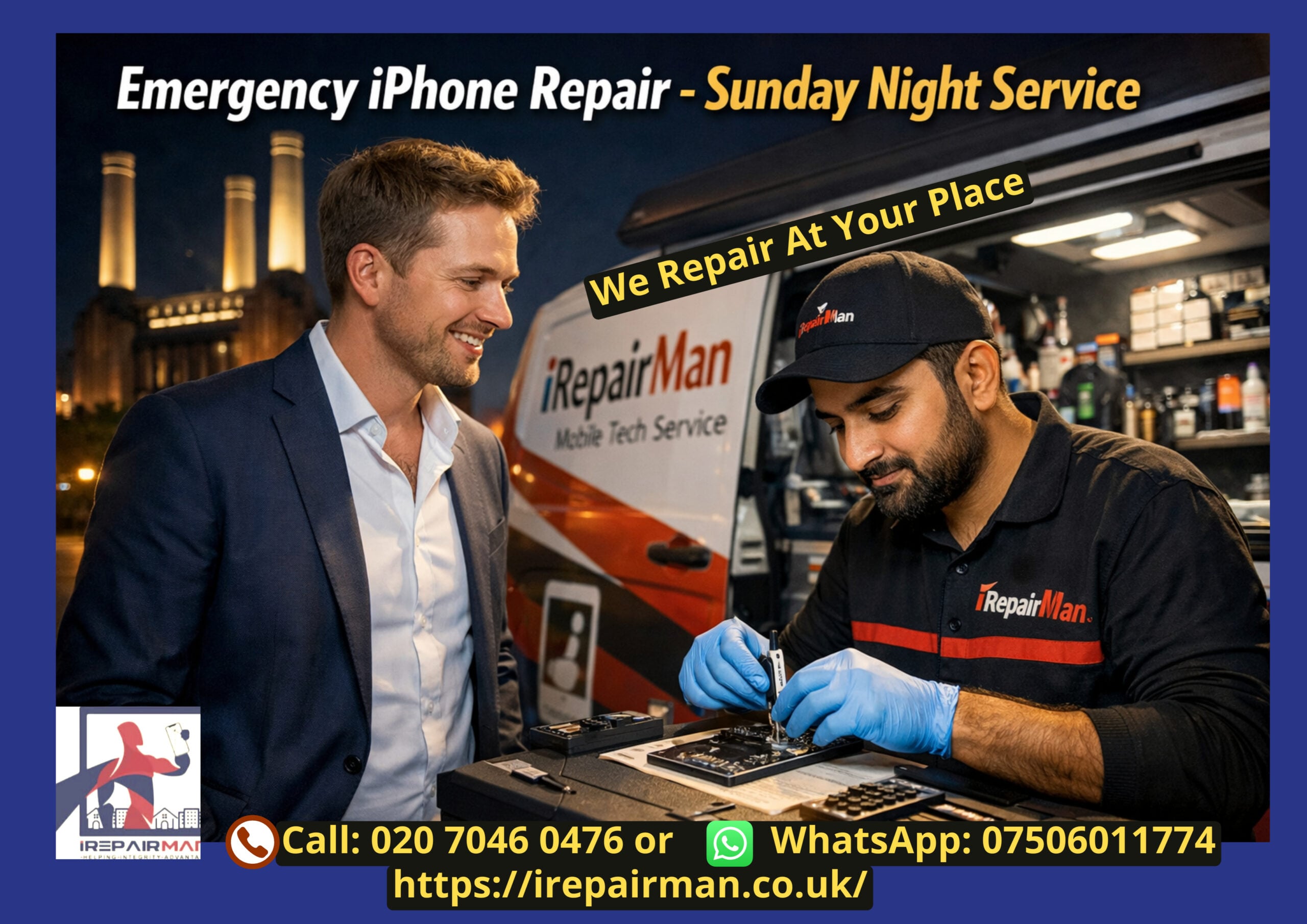 Sunday night iPhone 16 Pro repair near Battersea Power Station SW8 with iRepairMan mobile technician