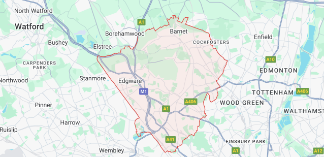 Map showing iRepairMan B2B iPhone repair coverage across Barnet EN4 EN5 N2 N3 N11 N12 N14 N20 NW2 NW4 NW7 NW9 HA8