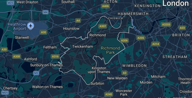 iPhone repair near me coverage map of Richmond upon Thames TW1 TW2 TW9 TW10 TW11 TW12