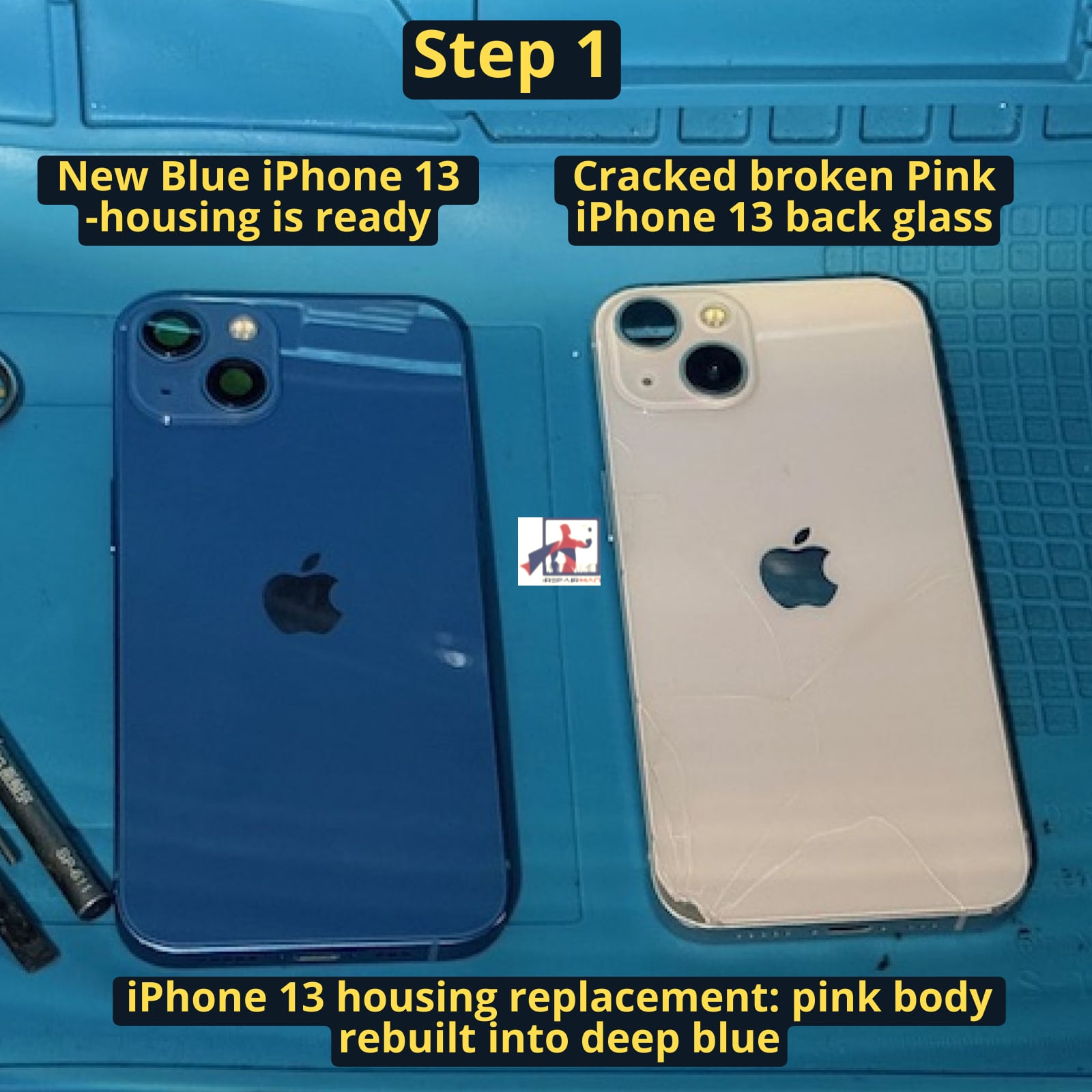 Pink iPhone 13 with cracked back glass next to new deep blue replacement housing