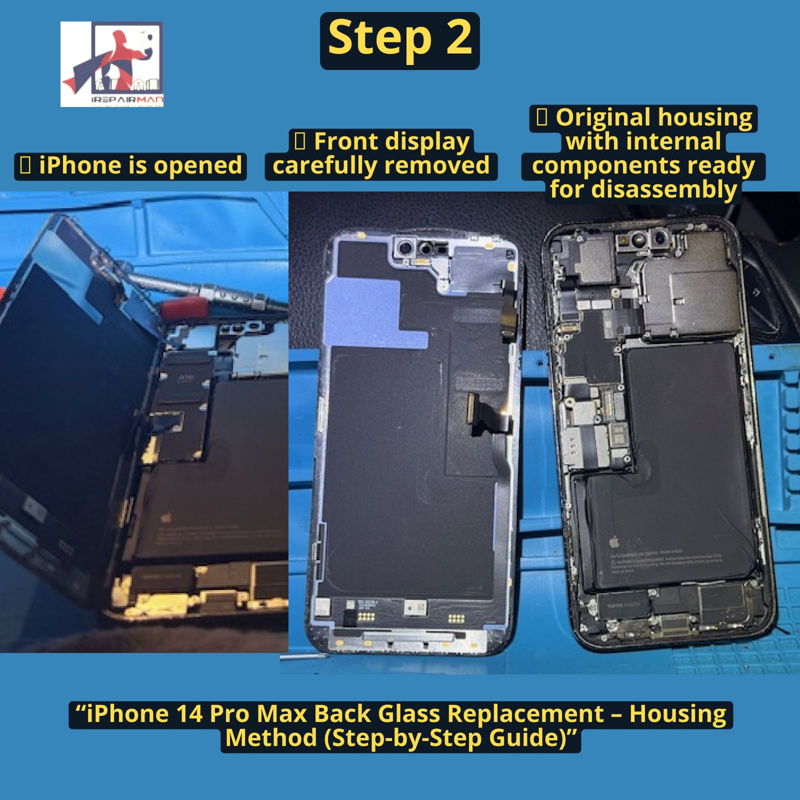 iPhone 14 Pro Max Housing Replacement – Safe Disassembly Step 2 iPhone 14 Pro Max opened with front display removed and internal components visible