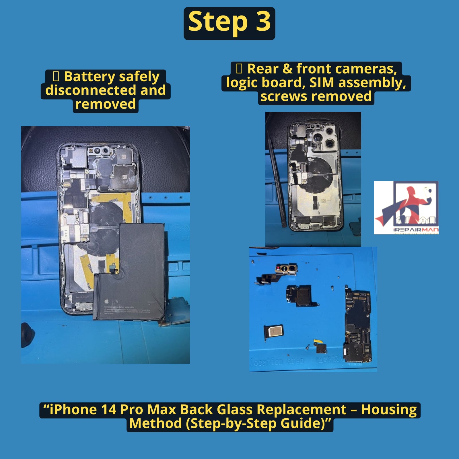 iPhone 14 Pro Max Housing Method – Internal Components Removal Step 3 iPhone 14 Pro Max battery disconnected with logic board and camera components removed