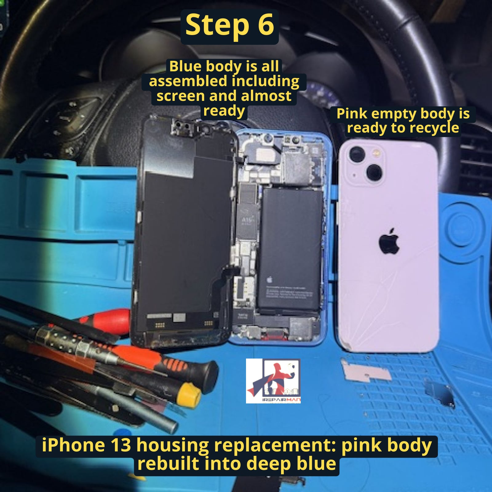 iPhone 13 almost fully assembled in new blue housing with old pink body aside