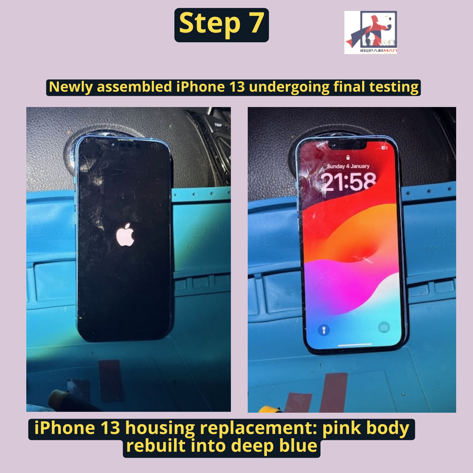 Newly assembled iPhone 13 undergoing final testing after housing replacement