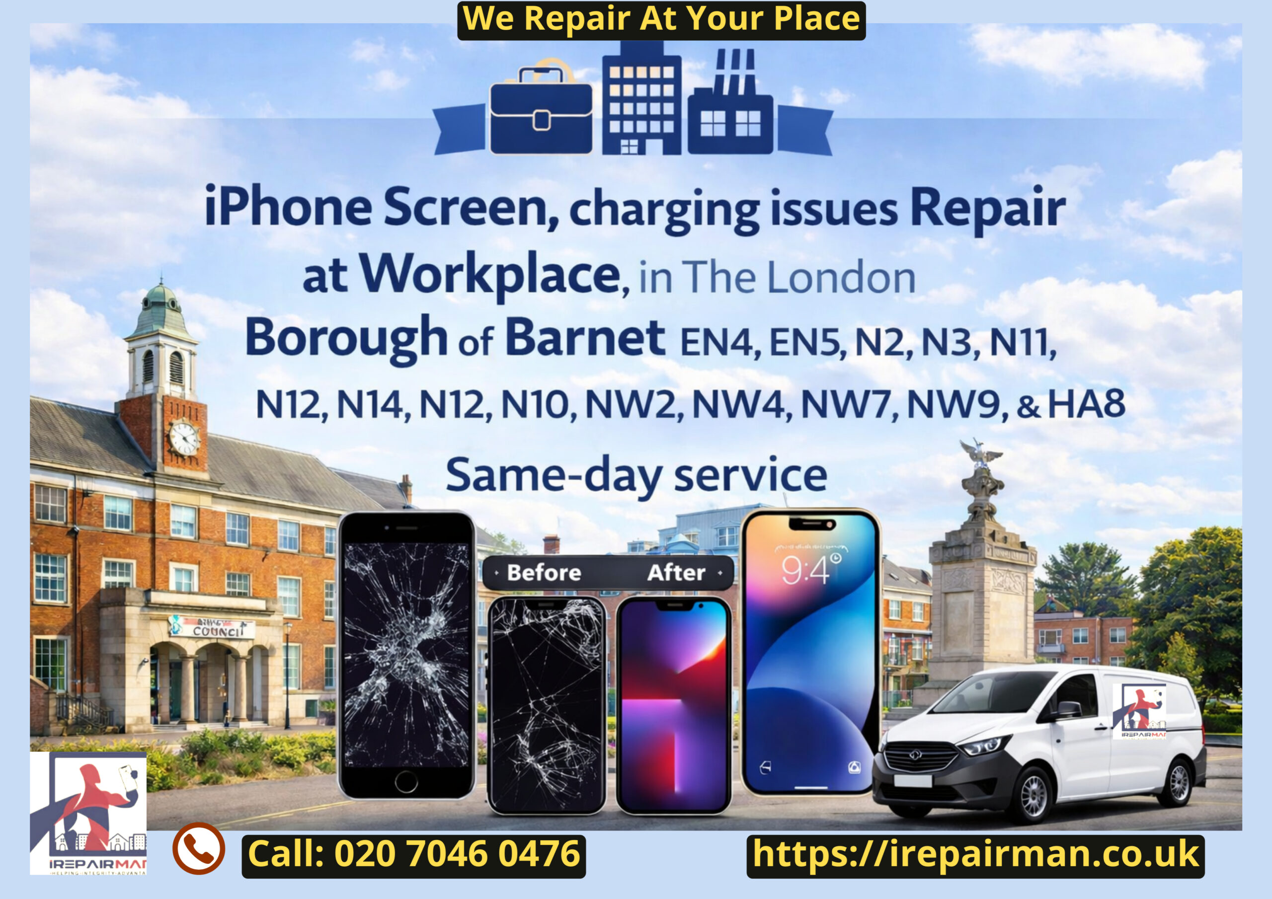 B2B workplace iPhone screen and charging repair service in the London Borough of Barnet EN4 EN5 N2 N3 N11 N12 N14 N20 NW2 NW4 NW7 NW9 HA8