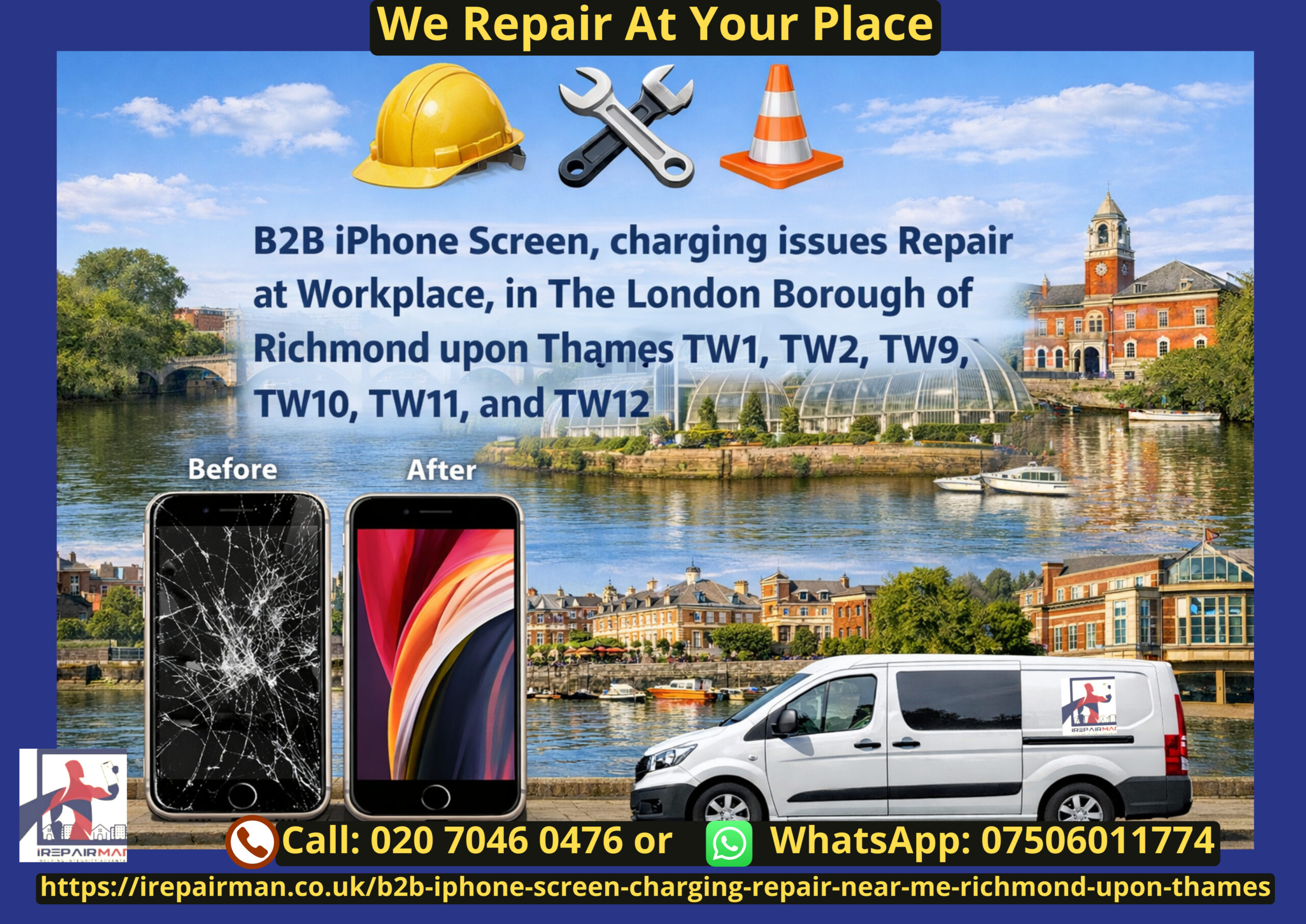 B2B iPhone screen and charging repair near me in Richmond upon Thames TW1 TW2 TW9 TW10 TW11 TW12