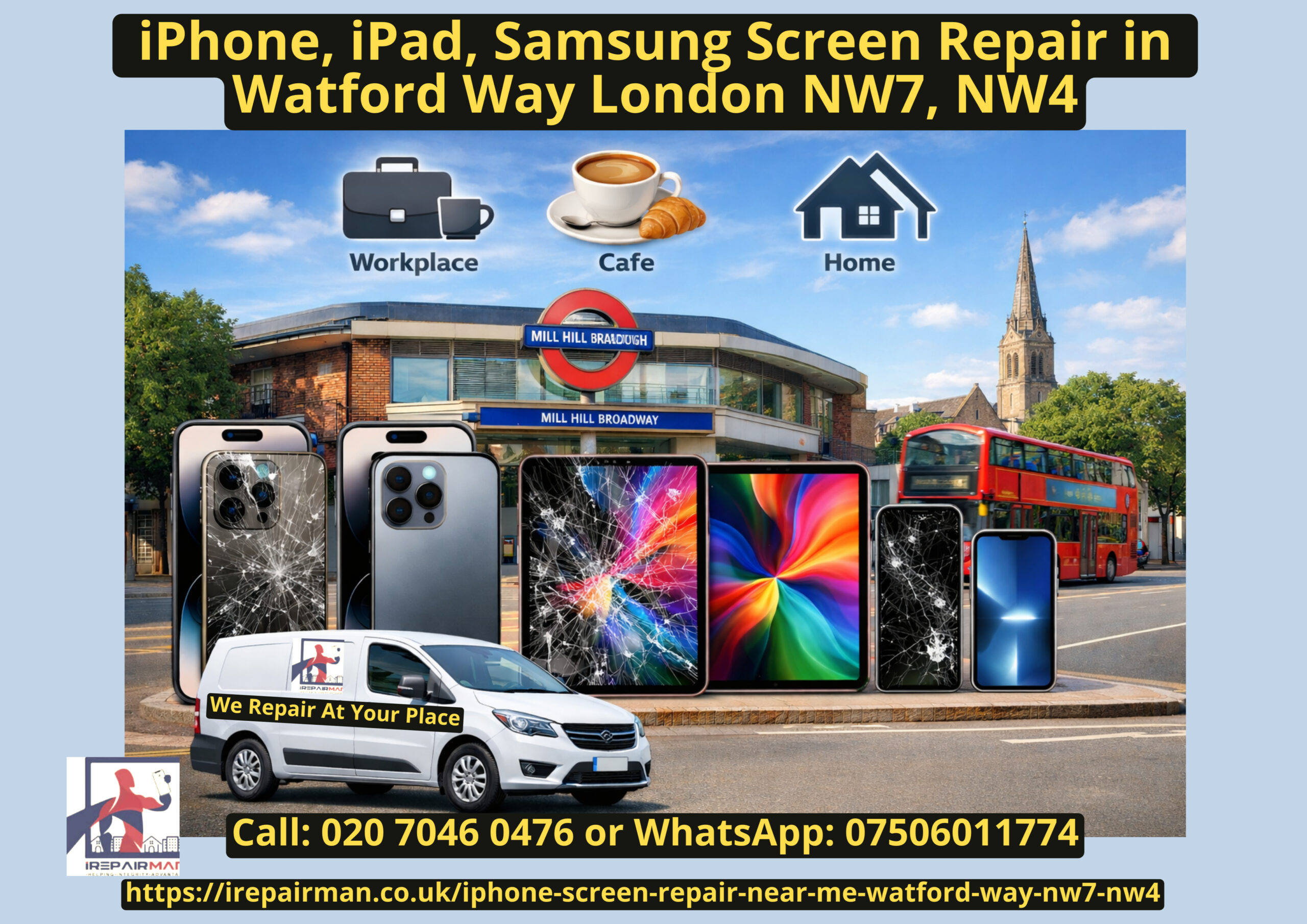 Same-day iPhone and iPad screen repair near me in Watford Way London NW7 NW4 at home workplace or cafe