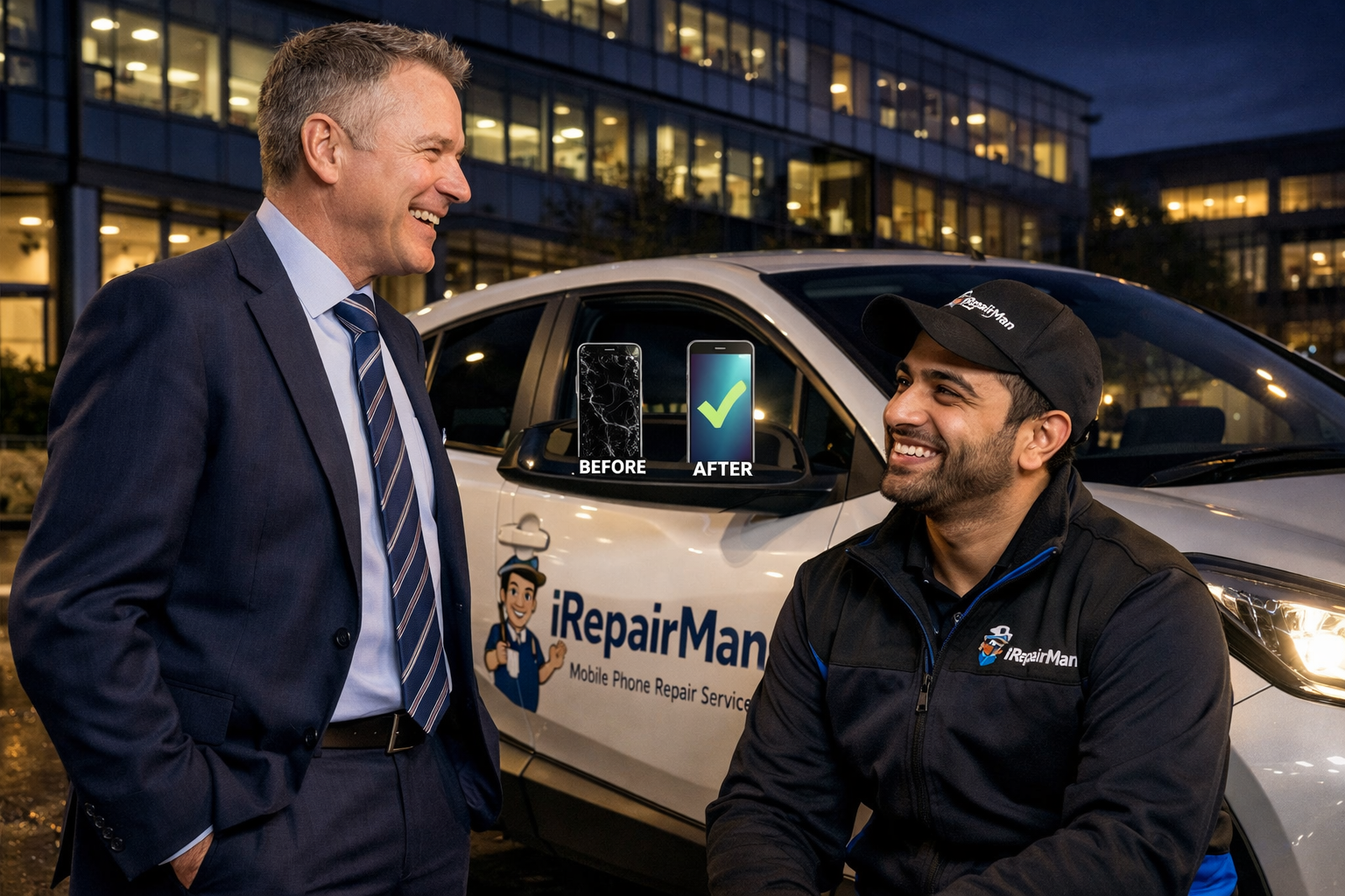 Happy customer in a business suit speaking with an iRepairMan technician after an iPhone 14 screen repair outside an office at night.