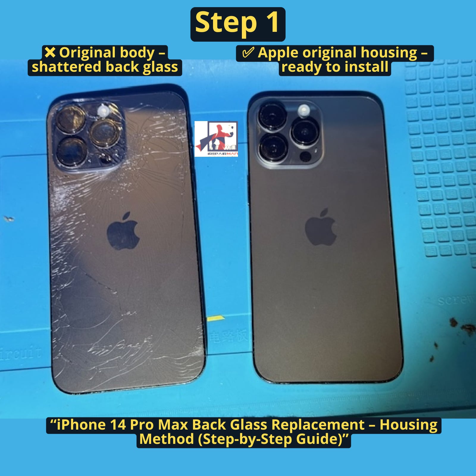 iPhone 14 Pro Max Back Glass Replacement – Housing Method Step 1 Broken iPhone 14 Pro Max back glass next to new Apple original housing before replacement