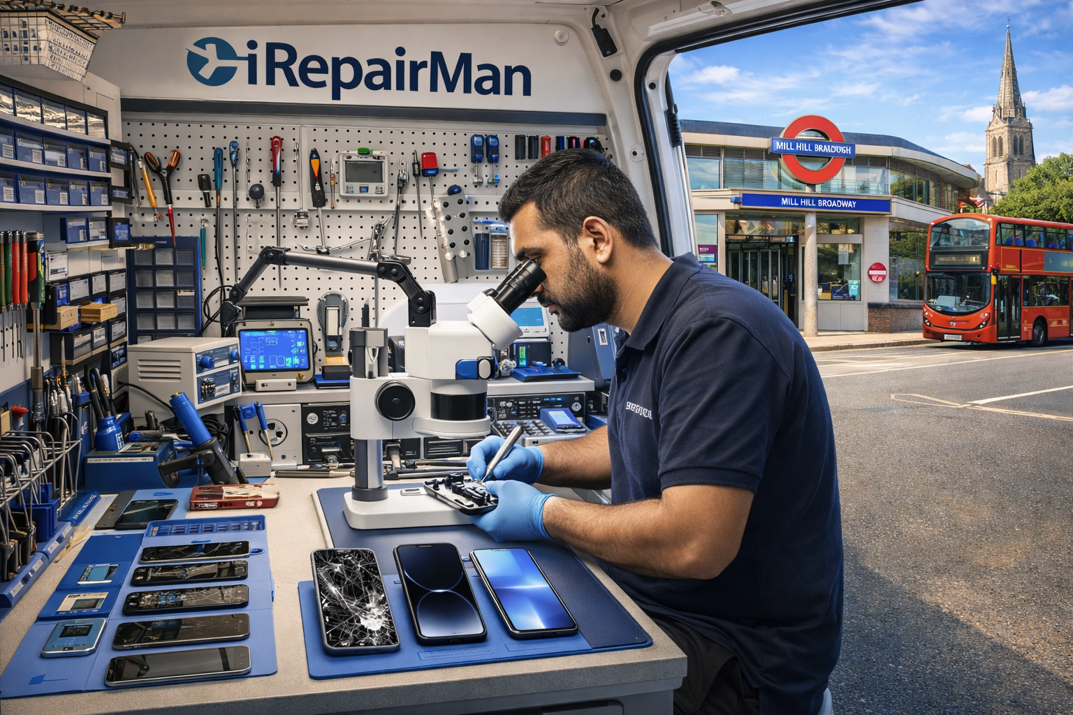iRepairMan technician repairing iPhone using microscope inside mobile workshop van near Watford Way London NW7 NW4