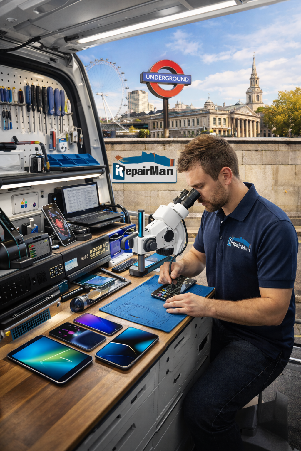 iRepairMan technician repairing an iPhone inside mobile workshop van in Charing Cross WC2N